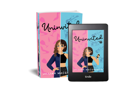 Book cover and Kindle e-reader displaying the book 'Uninvited' by Jillian MacGregor, featuring a pink and blue split design with an illustrated woman.